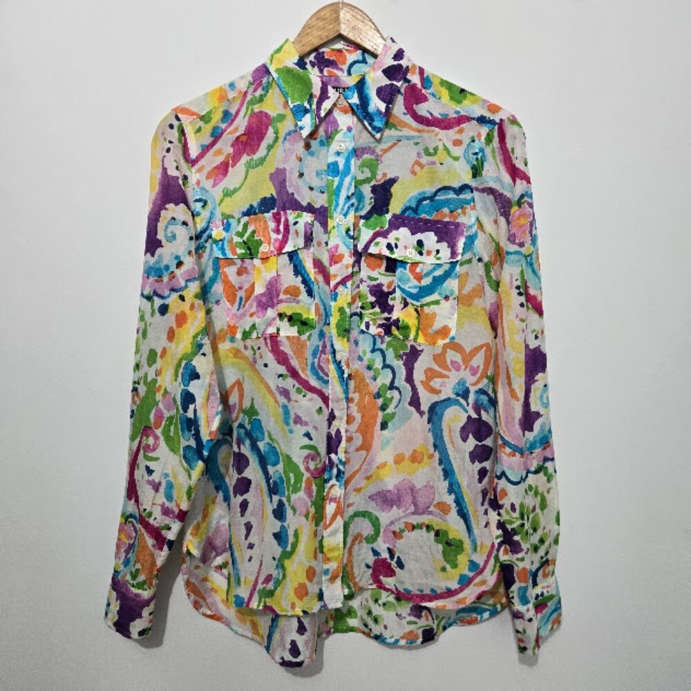 Lauren Ralph Lauren Womens Silk Cotton Colorful Button Up Shirt Sz M Watercolors